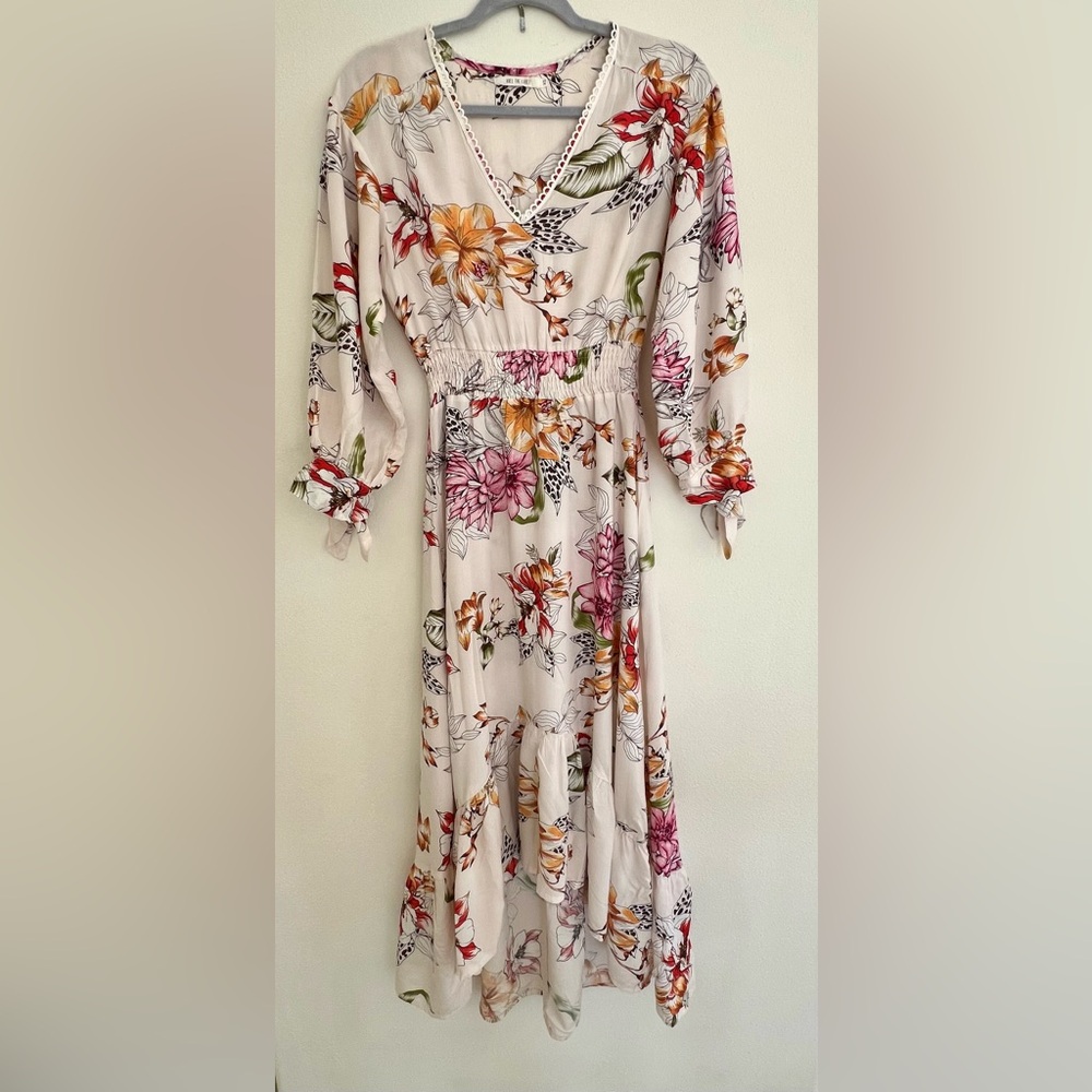 Able the Label 3/4 sleeve uneven hem floral dress